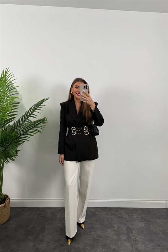 Lüx Kalite Marka Model Gold Kemerli Vatkalı Tasarım Blazer Ceket Siyah