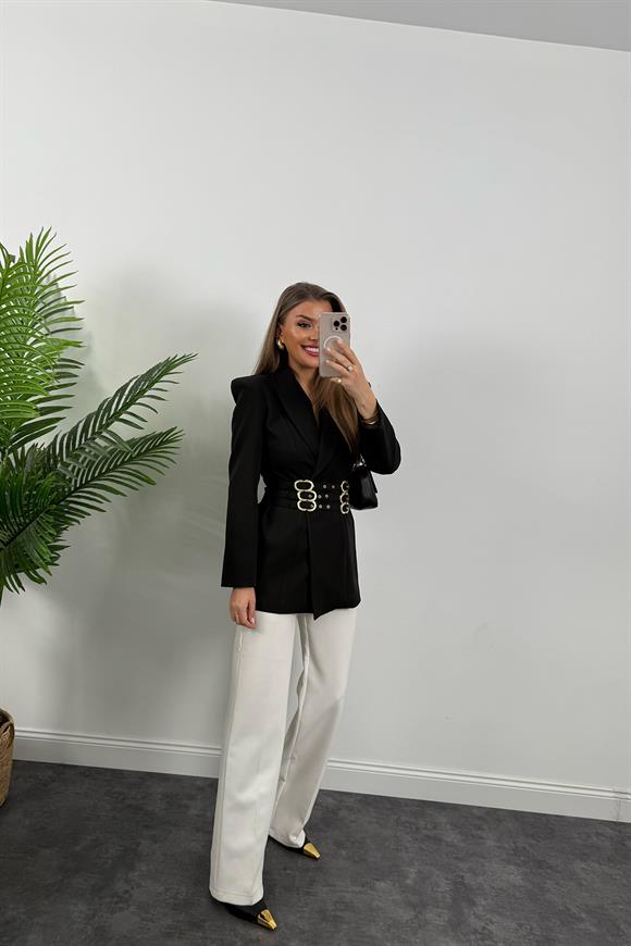Lüx Kalite Marka Model Gold Kemerli Vatkalı Tasarım Blazer Ceket Siyah