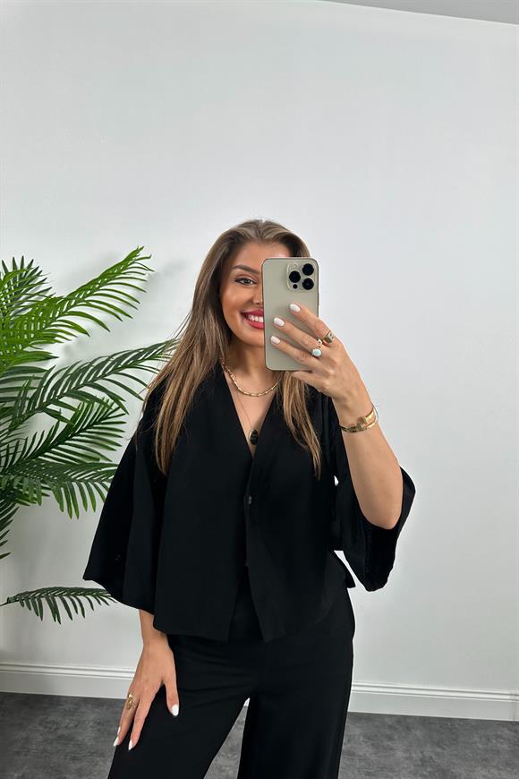 Lüx Kalite Massi Model Kimono Palazzo Keten Takım Siyah