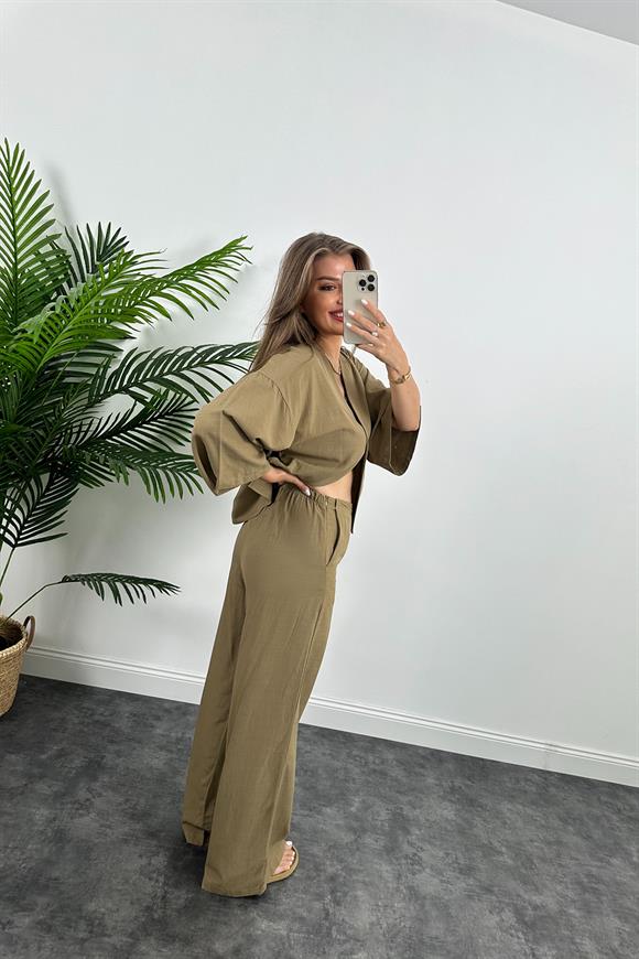 Lüx Kalite Massi Model Kimono Palazzo Keten Takım Haki