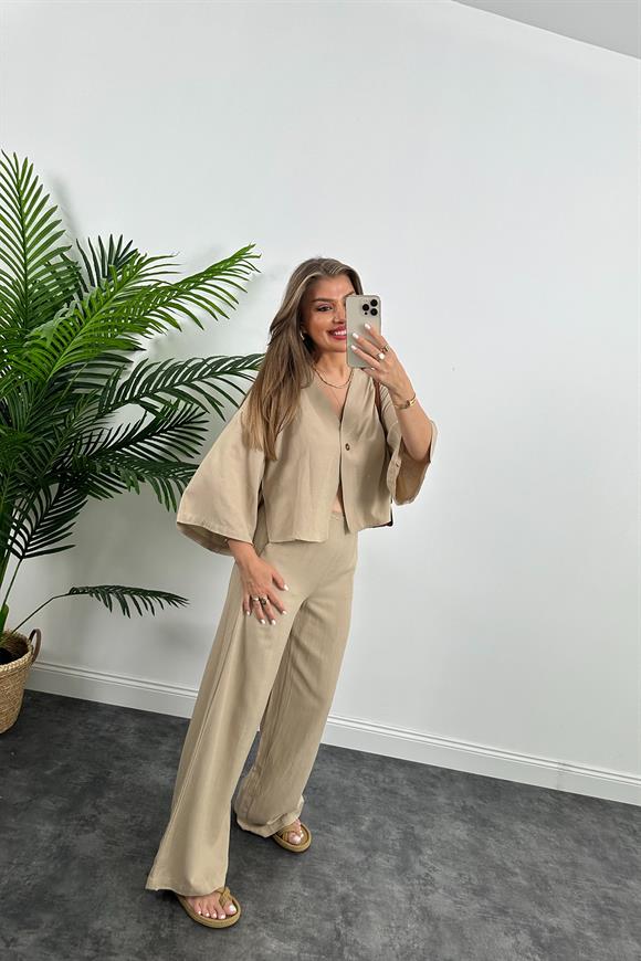 Lüx Kalite Massi Model Kimono Palazzo Keten Takım Bej