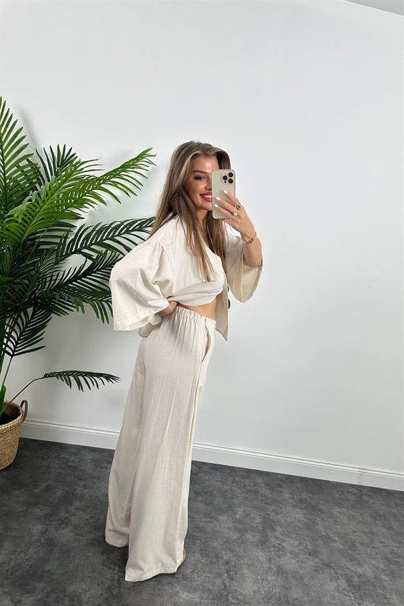 Lüx Kalite Massi Model Kimono Palazzo Keten Takım Naturel Taş