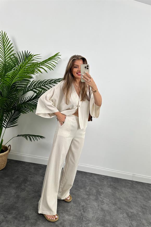 Lüx Kalite Massi Model Kimono Palazzo Keten Takım Naturel Taş
