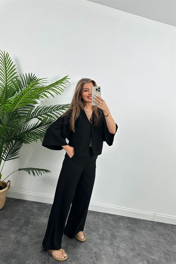 Lüx Kalite Massi Model Kimono Palazzo Keten Takım Siyah