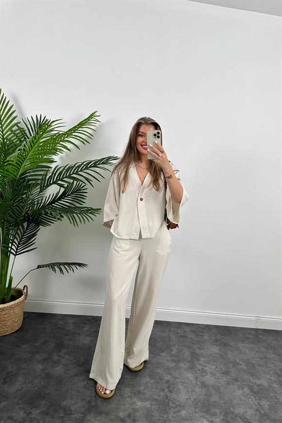 Lüx Kalite Massi Model Kimono Palazzo Keten Takım Naturel Taş
