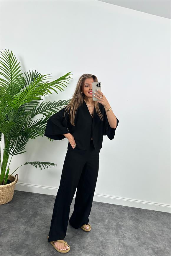 Lüx Kalite Massi Model Kimono Palazzo Keten Takım Siyah