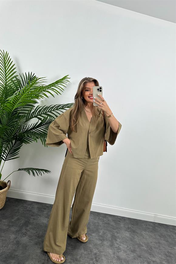Lüx Kalite Massi Model Kimono Palazzo Keten Takım Haki