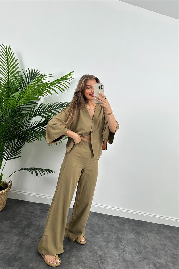 Lüx Kalite Massi Model Kimono Palazzo Keten Takım Haki