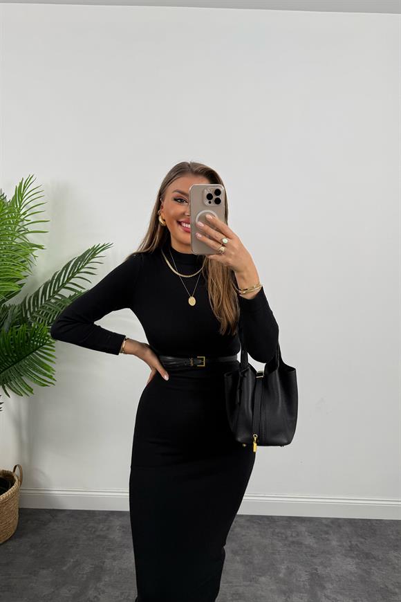 Lüx Kalite Massi Model Özel Dokulu Uzun Kol Triko Kalem Elbise Siyah