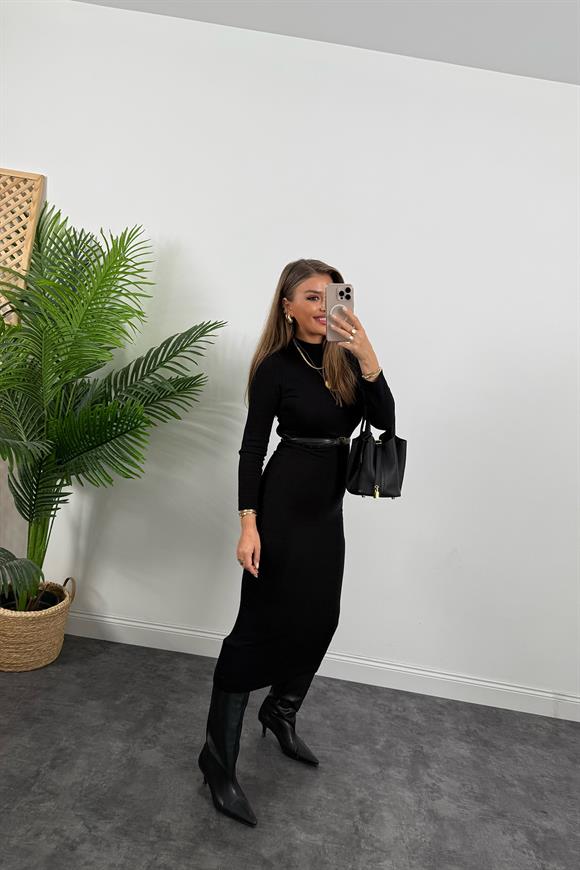 Lüx Kalite Massi Model Özel Dokulu Uzun Kol Triko Kalem Elbise Siyah