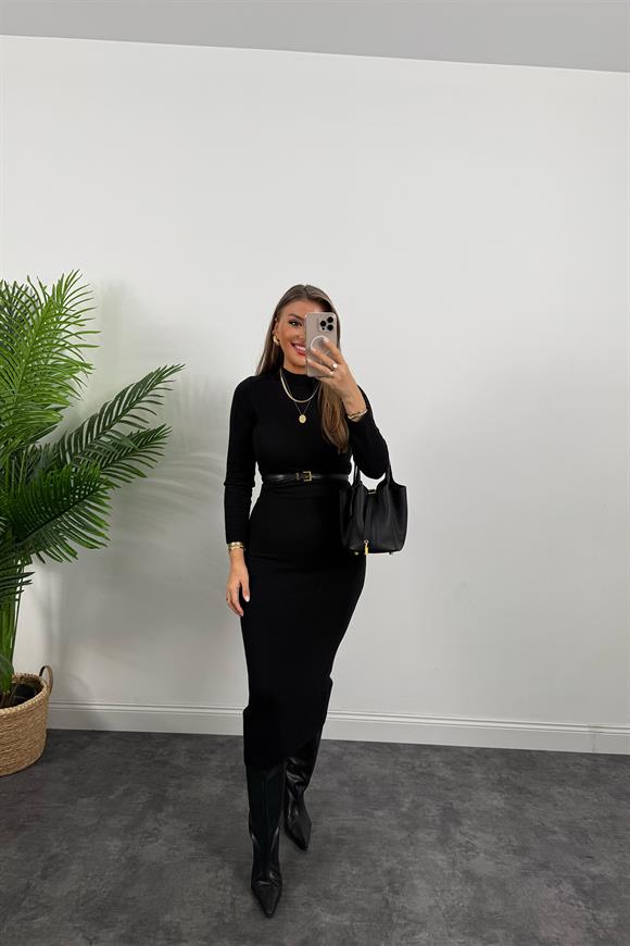 Lüx Kalite Massi Model Özel Dokulu Uzun Kol Triko Kalem Elbise Siyah
