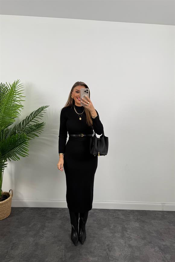 Lüx Kalite Massi Model Özel Dokulu Uzun Kol Triko Kalem Elbise Siyah