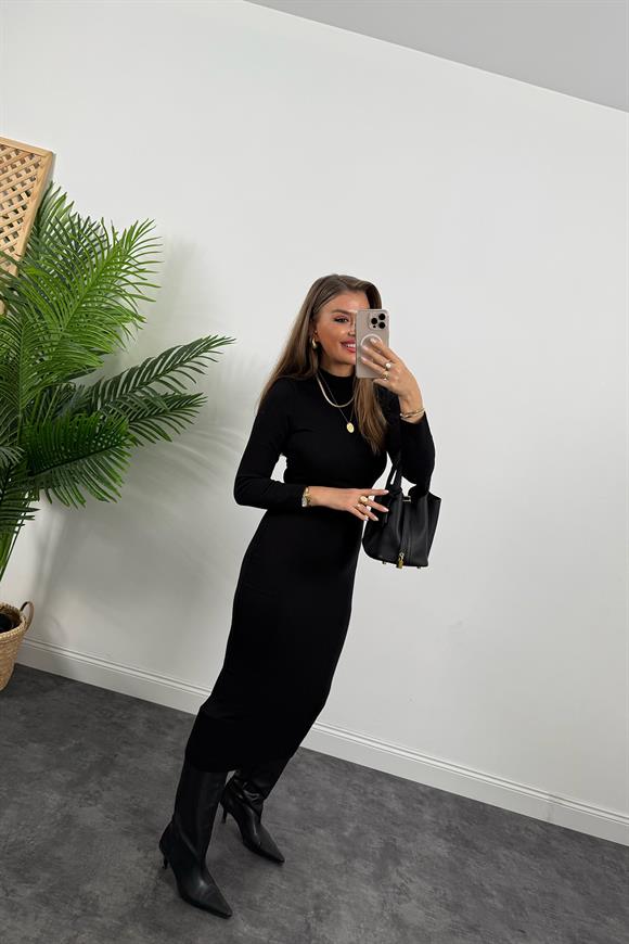 Lüx Kalite Massi Model Özel Dokulu Uzun Kol Triko Kalem Elbise Siyah