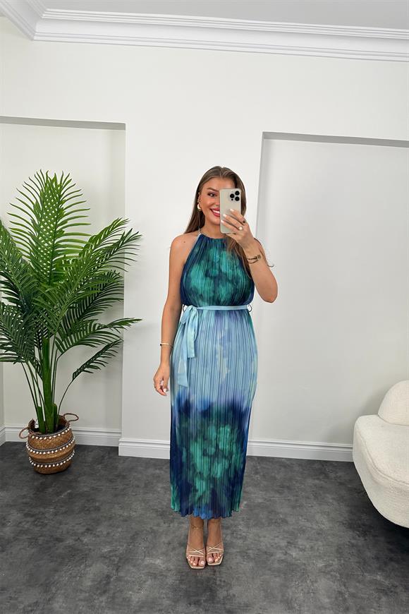 Lüx Kalite Mavi Yeşil Batik Desenli Maxi Şifon Elbise