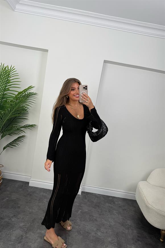 Lüx Kalite Maxi Boy Örme Tasarım Elbise Siyah