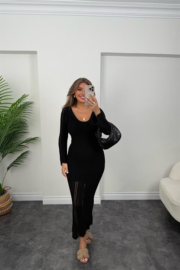 Lüx Kalite Maxi Boy Örme Tasarım Elbise Siyah