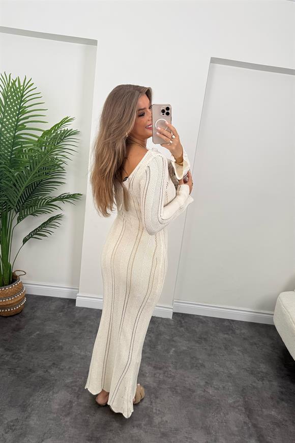 Lüx Kalite Maxi Boy Örme Tasarım Elbise Ekru