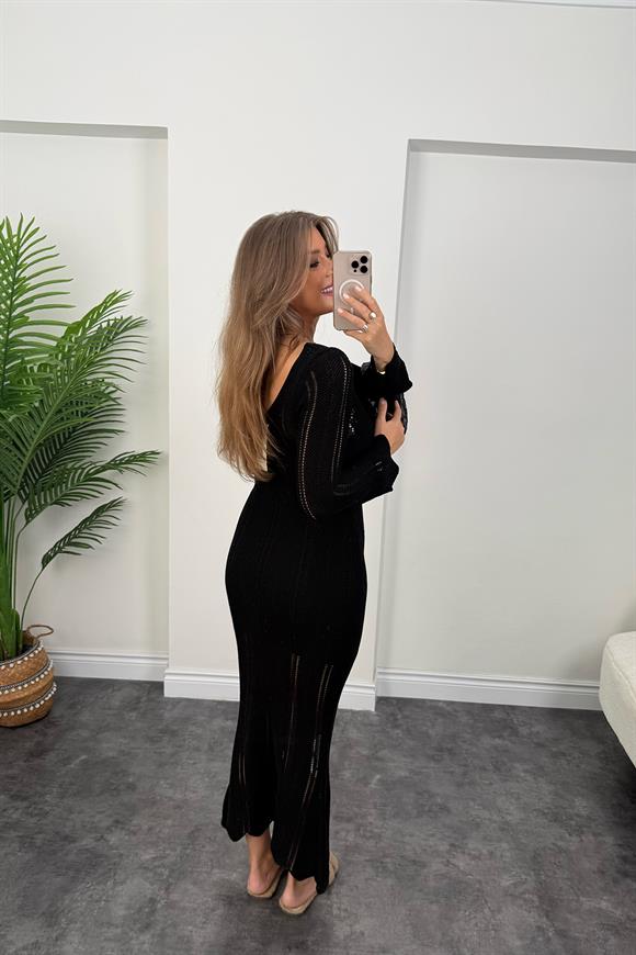 Lüx Kalite Maxi Boy Örme Tasarım Elbise Siyah