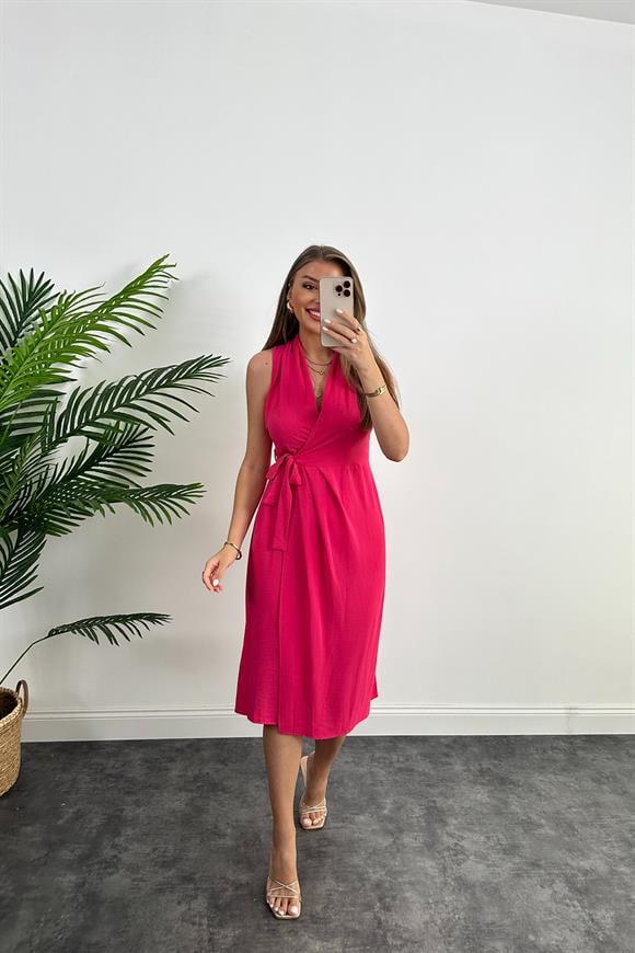 Lüx Kalite Midi Boy Anvelop Elbise Fuşya
