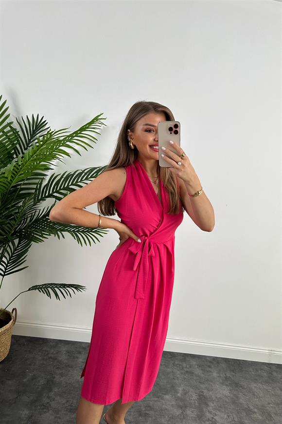 Lüx Kalite Midi Boy Anvelop Elbise Fuşya