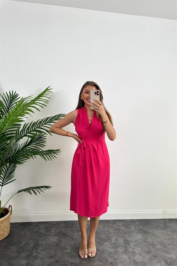 Lüx Kalite Midi Boy Anvelop Elbise Fuşya