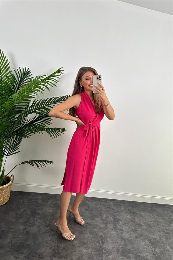 Lüx Kalite Midi Boy Anvelop Elbise Fuşya