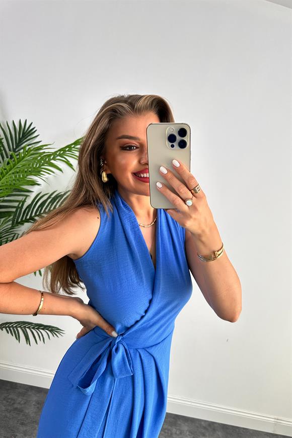 Lüx Kalite Midi Boy Anvelop Elbise İndigo