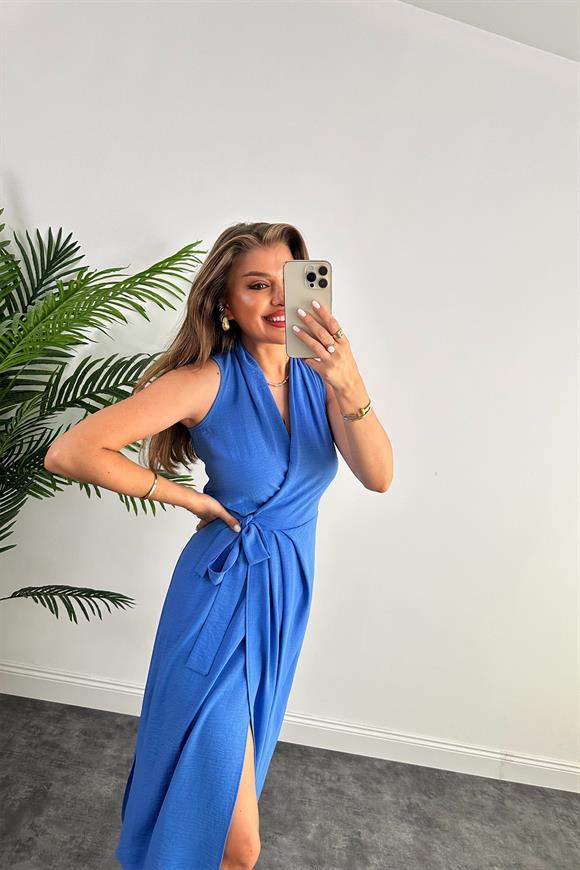 Lüx Kalite Midi Boy Anvelop Elbise İndigo