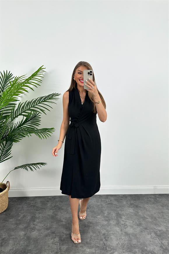 Lüx Kalite Midi Boy Anvelop Elbise Siyah