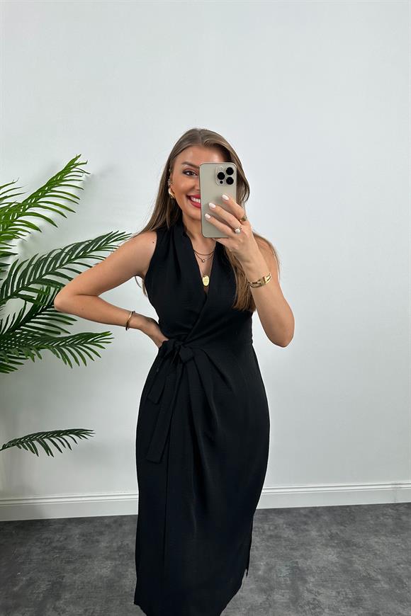 Lüx Kalite Midi Boy Anvelop Elbise Siyah