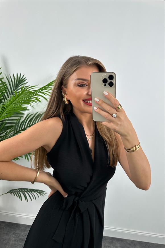 Lüx Kalite Midi Boy Anvelop Elbise Siyah