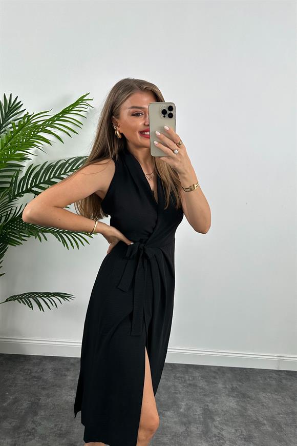 Lüx Kalite Midi Boy Anvelop Elbise Siyah