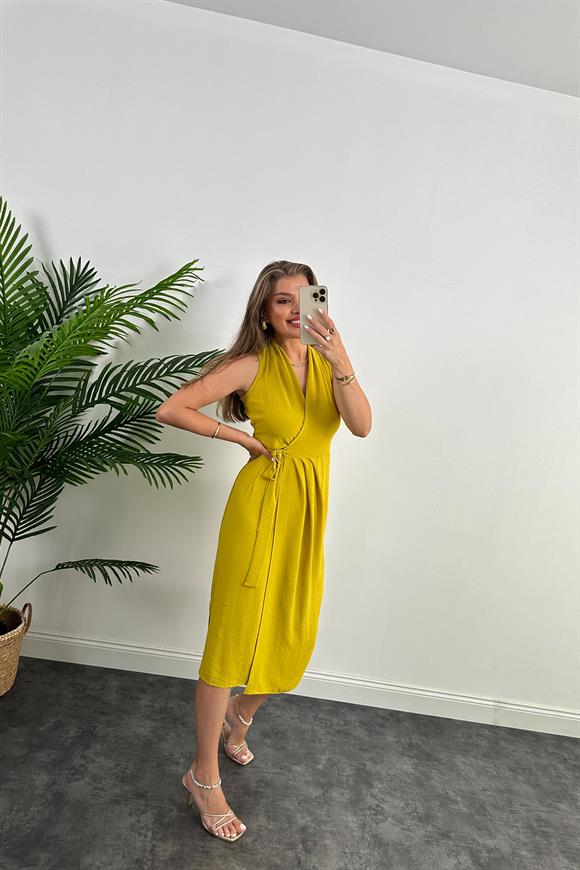 Lüx Kalite Midi Boy Anvelop Elbise Yağ Yeşili