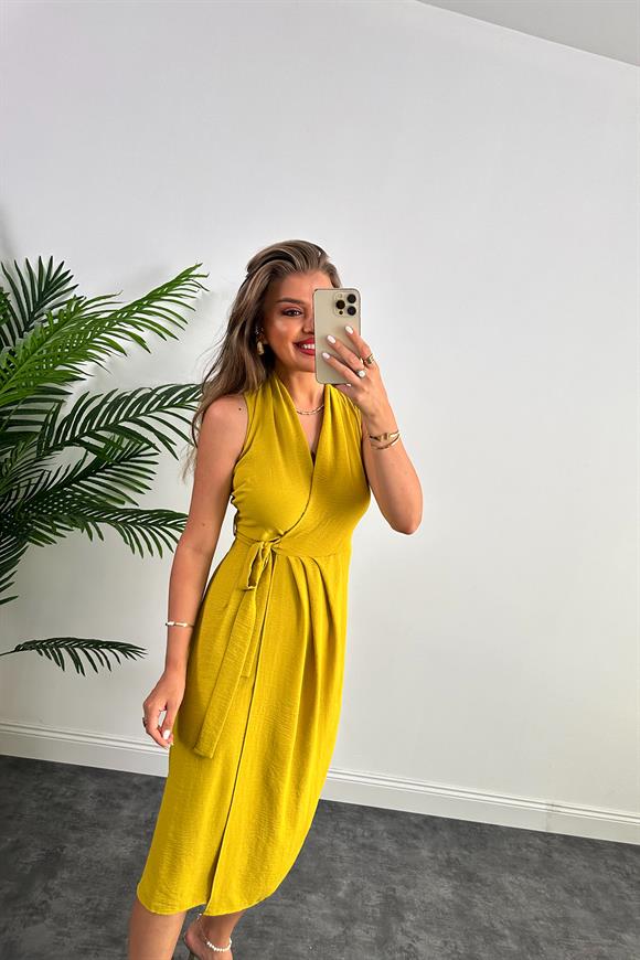 Lüx Kalite Midi Boy Anvelop Elbise Yağ Yeşili