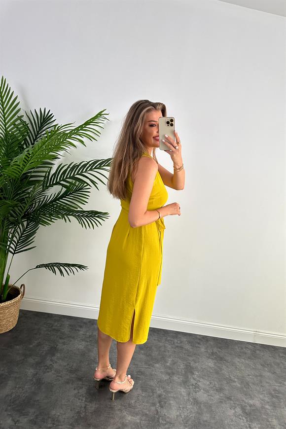 Lüx Kalite Midi Boy Anvelop Elbise Yağ Yeşili