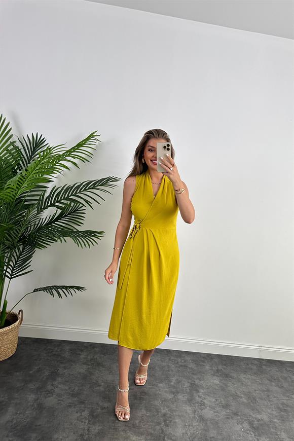 Lüx Kalite Midi Boy Anvelop Elbise Yağ Yeşili