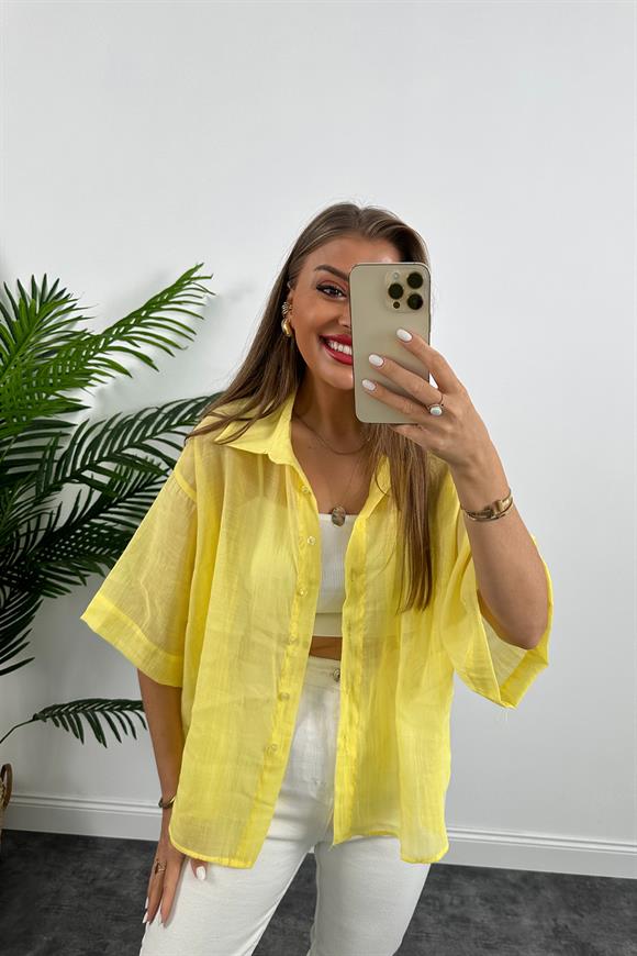 Lüx Kalite Modal Kumaş Geniş Kol İpeksi Gömlek Limon