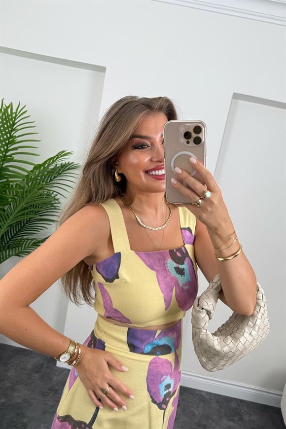 Lüx Kalite Mor Çiçekli Sarı Keten Takım