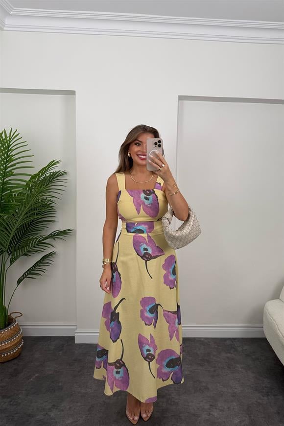 Lüx Kalite Mor Çiçekli Sarı Keten Takım