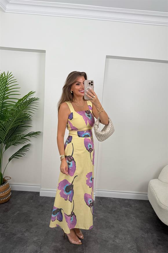 Lüx Kalite Mor Çiçekli Sarı Keten Takım