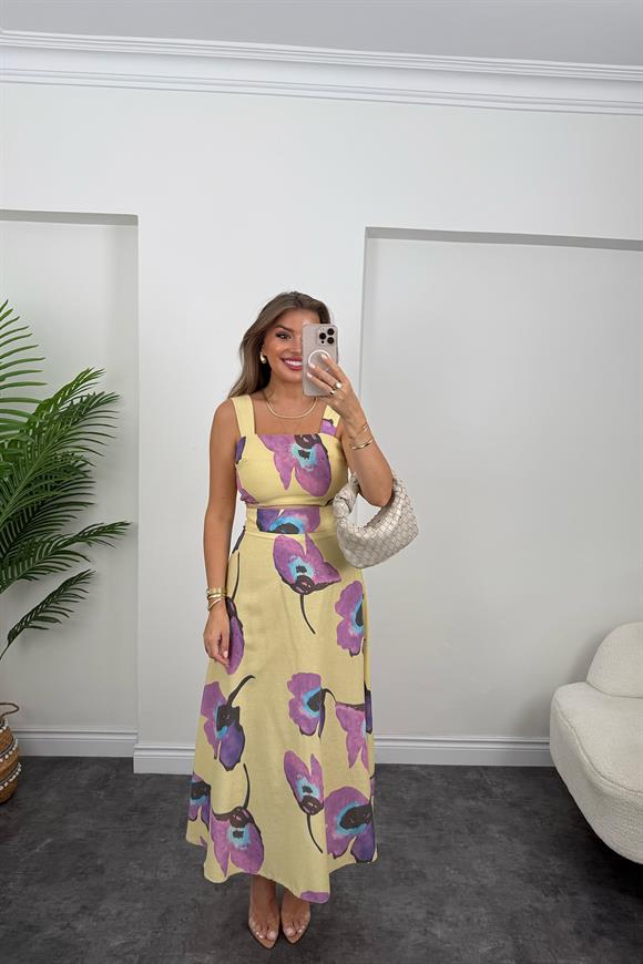 Lüx Kalite Mor Çiçekli Sarı Keten Takım