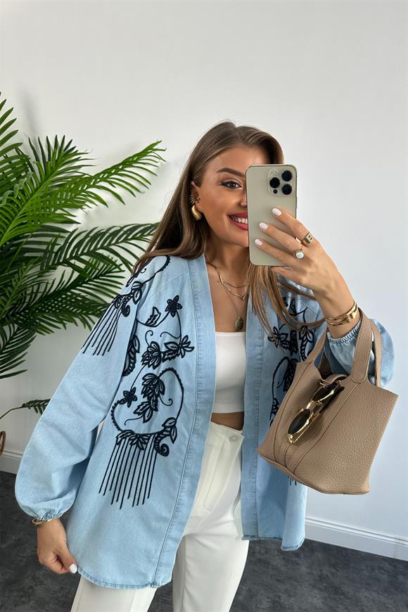 Lüx Kalite Nakışlı Tensel Jean Kimono Ceket