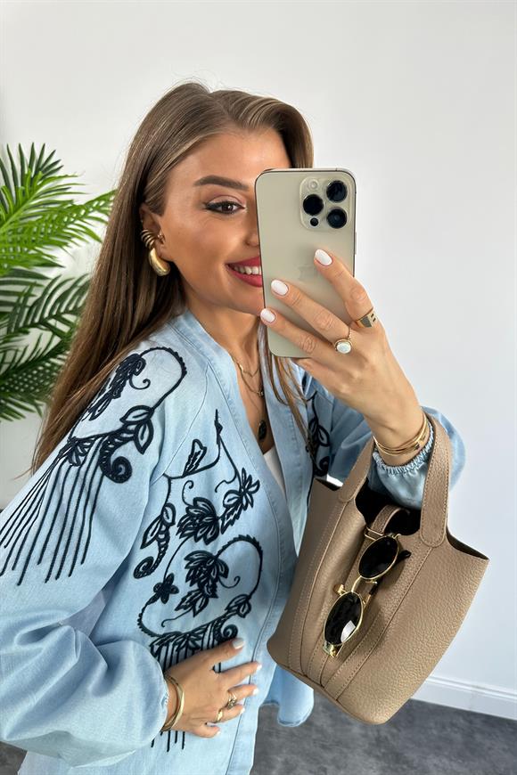 Lüx Kalite Nakışlı Tensel Jean Kimono Ceket