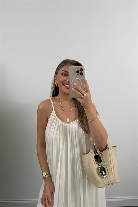 Lüx Kalite Naturel Seri %100 Pamuklu Astarlı Maxi Elbise Ekru 