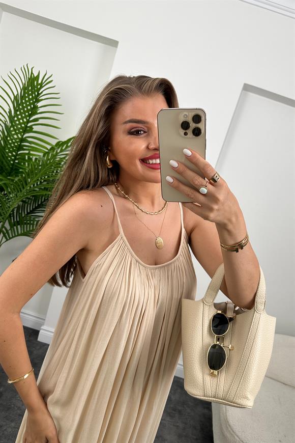 Lüx Kalite Naturel Seri %100 Pamuklu Astarlı Maxi Elbise Taş