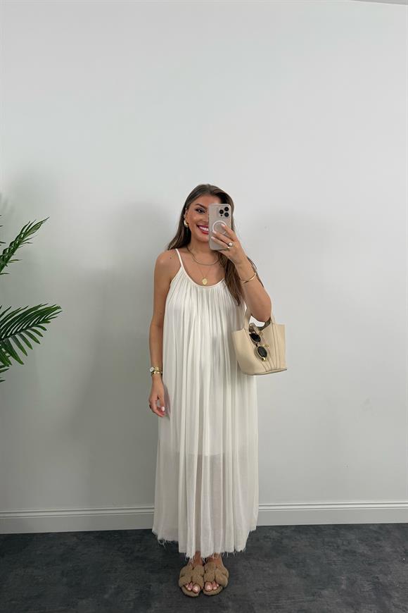Lüx Kalite Naturel Seri %100 Pamuklu Astarlı Maxi Elbise Ekru 