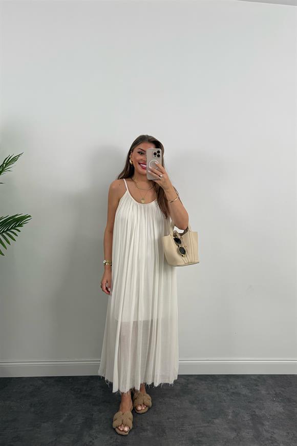 Lüx Kalite Naturel Seri %100 Pamuklu Astarlı Maxi Elbise Ekru 