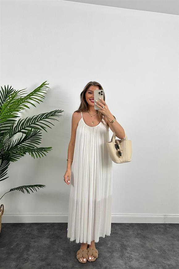 Lüx Kalite Naturel Seri %100 Pamuklu Astarlı Maxi Elbise Ekru 