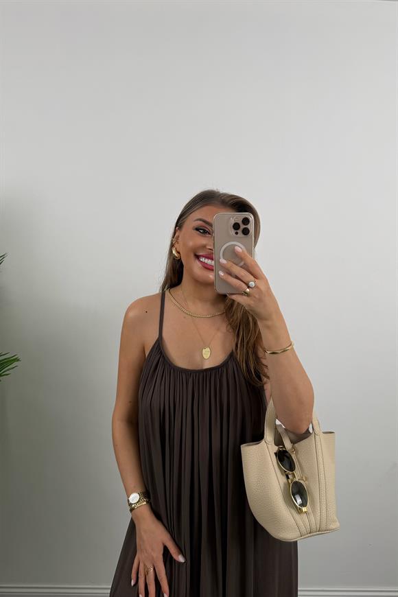 Lüx Kalite Naturel Seri %100 Pamuklu Astarlı Maxi Elbise Kahverengi 