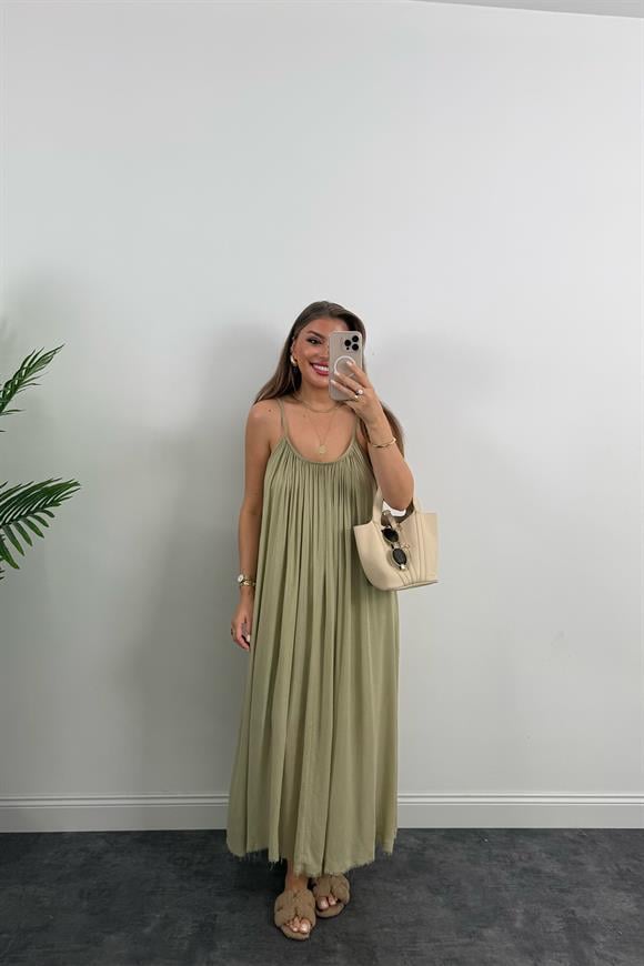 Lüx Kalite Naturel Seri %100 Pamuklu Astarlı Maxi Elbise Haki 